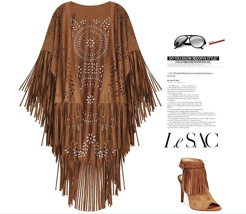 Camel Suede Fringe Shawl - Vintage Bohemian Floral Hollow Out Poncho Cape for Autumn