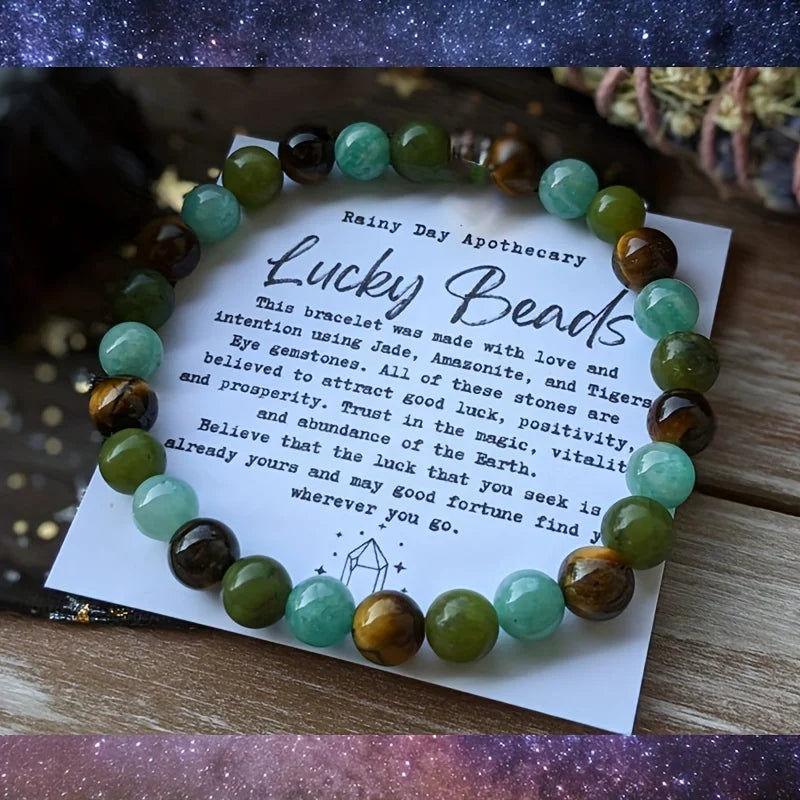 ✨ Lucky Beads Bracelet – Jadeite, Tiger Eye & Amazonite – 6mm Crystal Jewelry for Good Luck and Prosperity – Gift for Women
