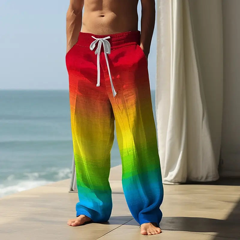 🌈 The Spectrum Visionary: Premium Men’s Fall 2026 Wide-Leg Trousers – High-Definition Rainbow Gradient Ombre Print, Mid-Waist Elastic Drawstring Fit, and Sophisticated Urban-Relaxed Outdoor Statement Pants