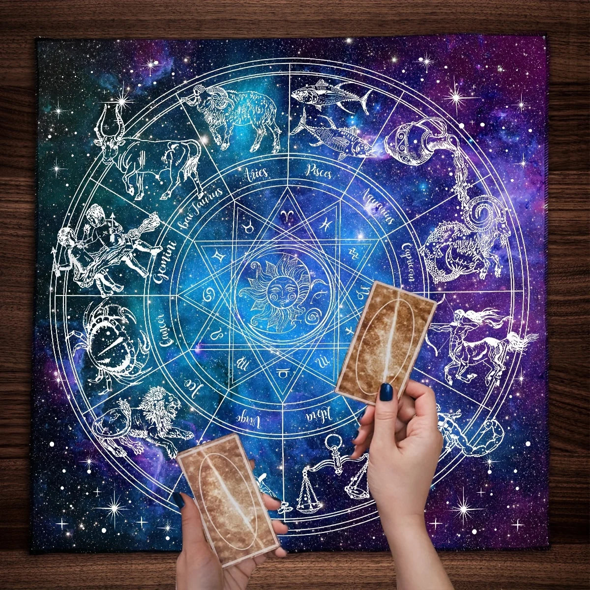 🃏 VIKAMA Zodiac Constellation Tarot Tablecloth & Coaster Set – Starry Divination Cloth for Reading Rooms, Astrology Altars & Card Protection YLB-1034