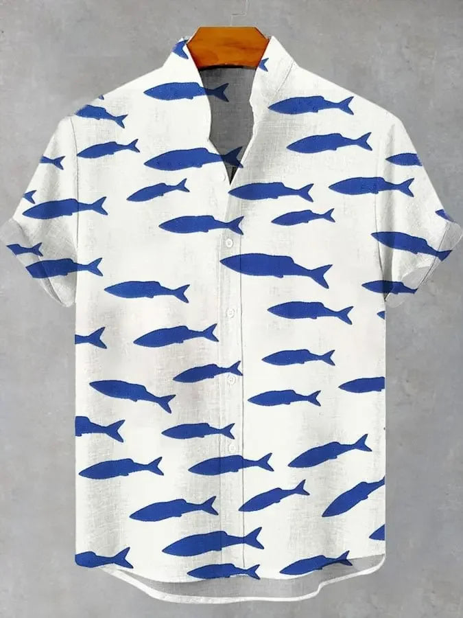 ✨ The Sovereign Zen-Fish Heritage: Premium Men's Cotton-Linen Blend Casual Shirt – Retro 3D Artistic Print, Breathable Short-Sleeve Button-Up (Ropa Casual Para Hombre) with Vintage Tailored Fit SFQQQD839