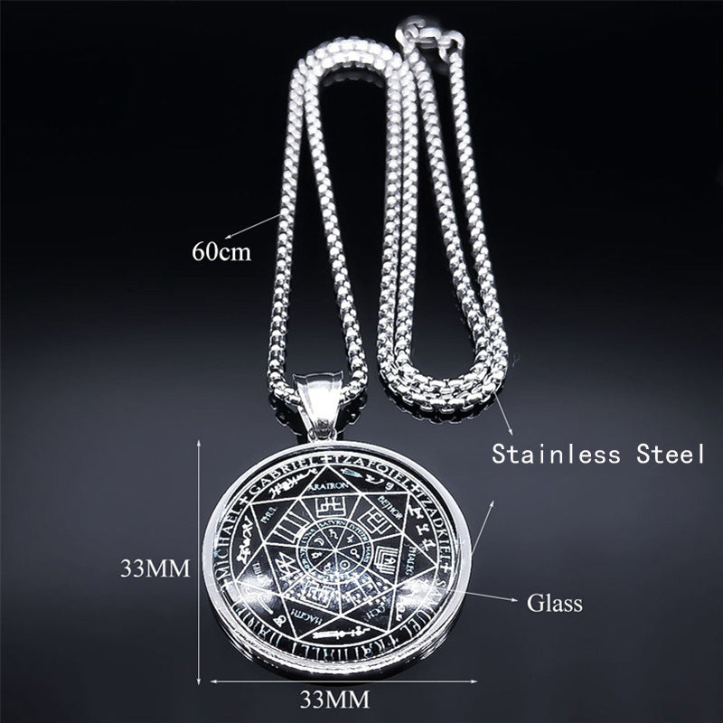 ✨ Seven Angels Medal Stainless Steel Glass Necklace – Divine Protection Talisman | Solomon & Saint Michael Pendant | Couple Party Jewelry Gifts
