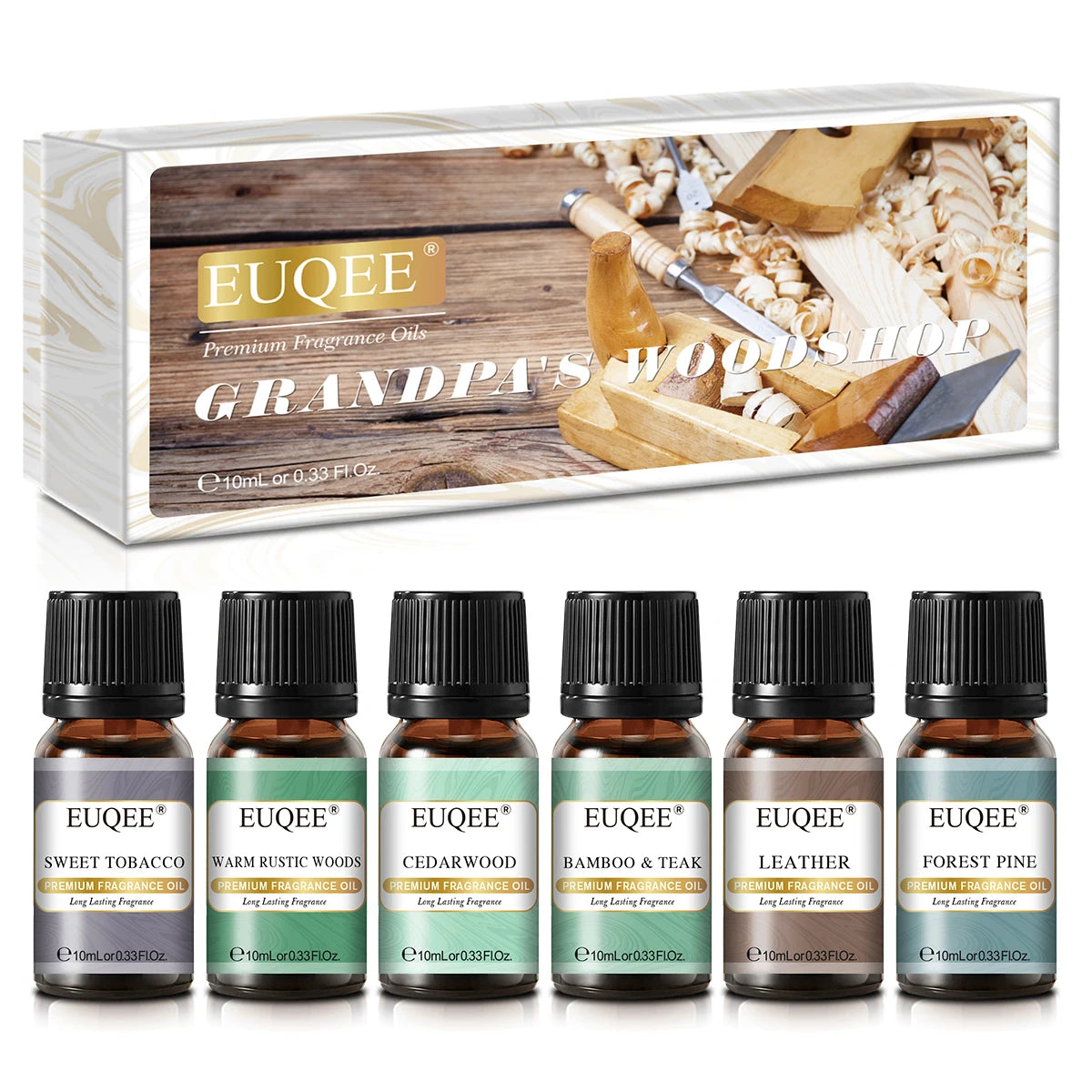 🌿 EUQEE 6pcs Fragrance Oils Gift Set – Premium Aromatherapy Collection for Diffusers, Candles, Soap Making, and Air Freshening﻿ 6x10ml Woodshop