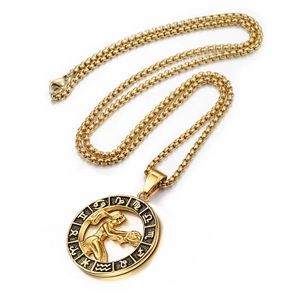 ♌♏ Zodiac Sign Leo Scorpio Pendant Necklace – Gold Color Stainless Steel Round 12 Constellation Design Unisex Astrology Jewelry Stylish Gift for Women and Men