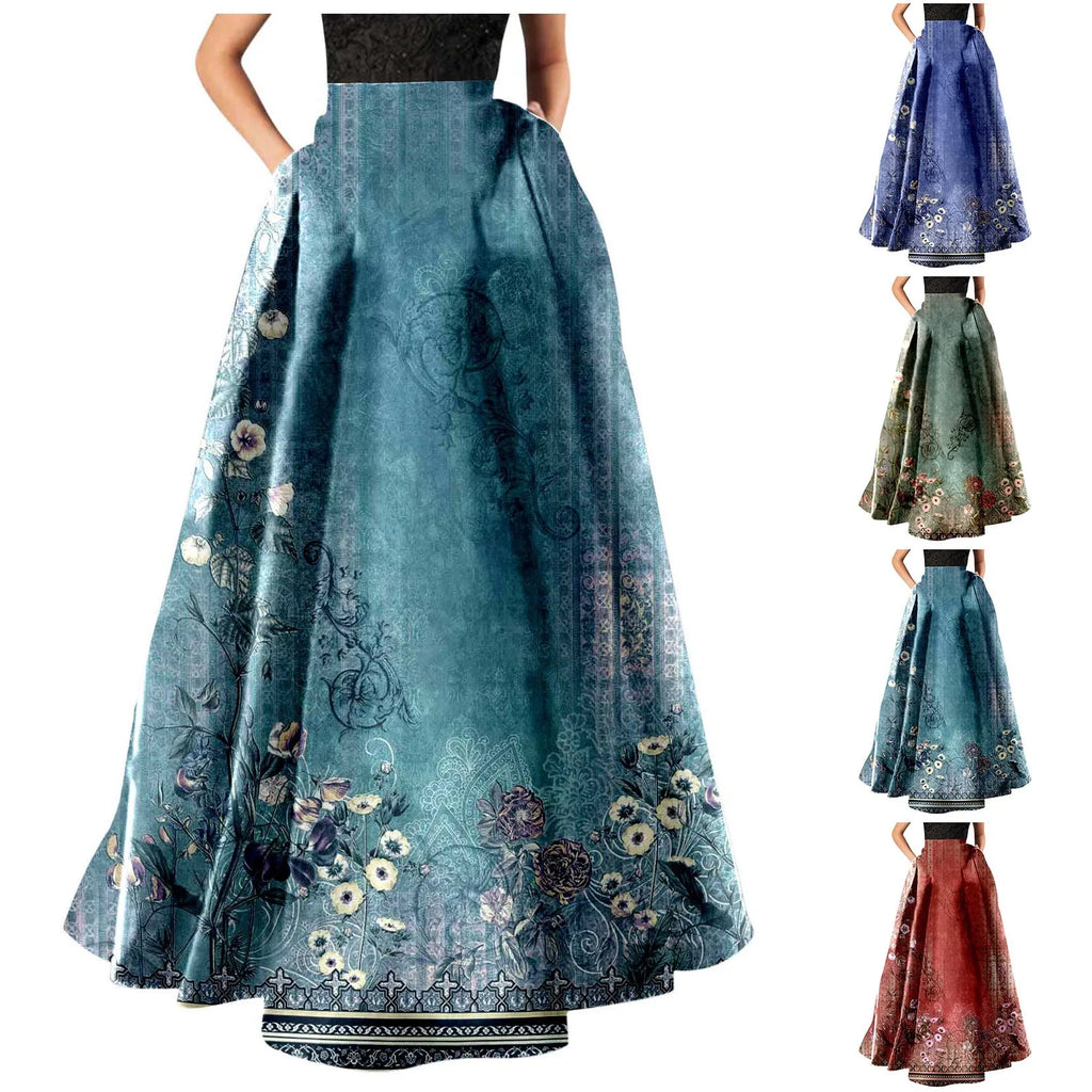 👗 Summer Bohemian Print Long Skirts – Women’s Boho Holiday Floral High Waist Pleated Maxi Skirt