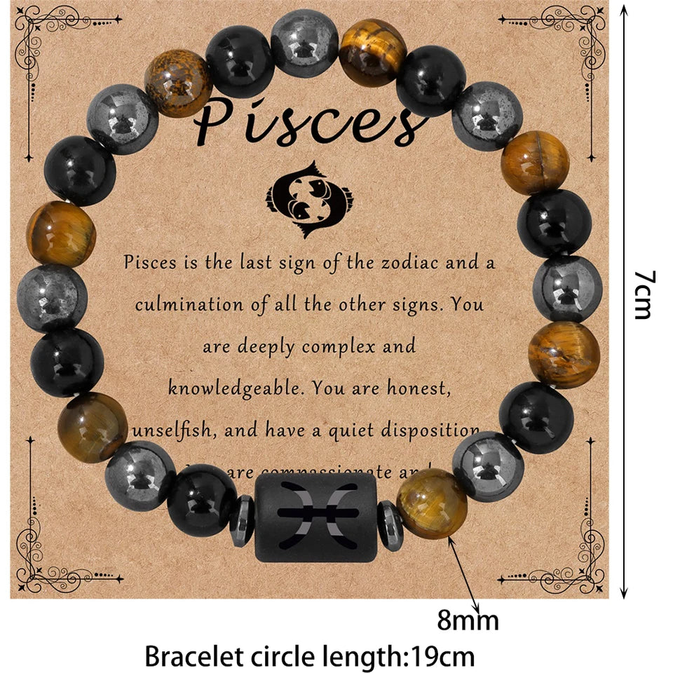 ✨ 12 Constellation Zodiac Sign Bracelet – Tiger Eye, Hematite & Obsidian Triple Protection Stone Beaded Bangle – Empowering Energy Jewelry Gift