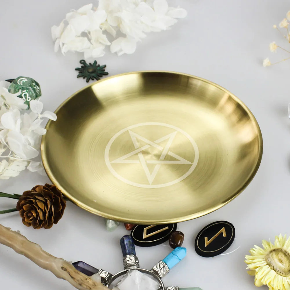 Pagan Pentagram Altar Plate – Metal Ritual Tray for Crystals, Jewelry, Candle and Incense Holder, Witchcraft Supply Essential