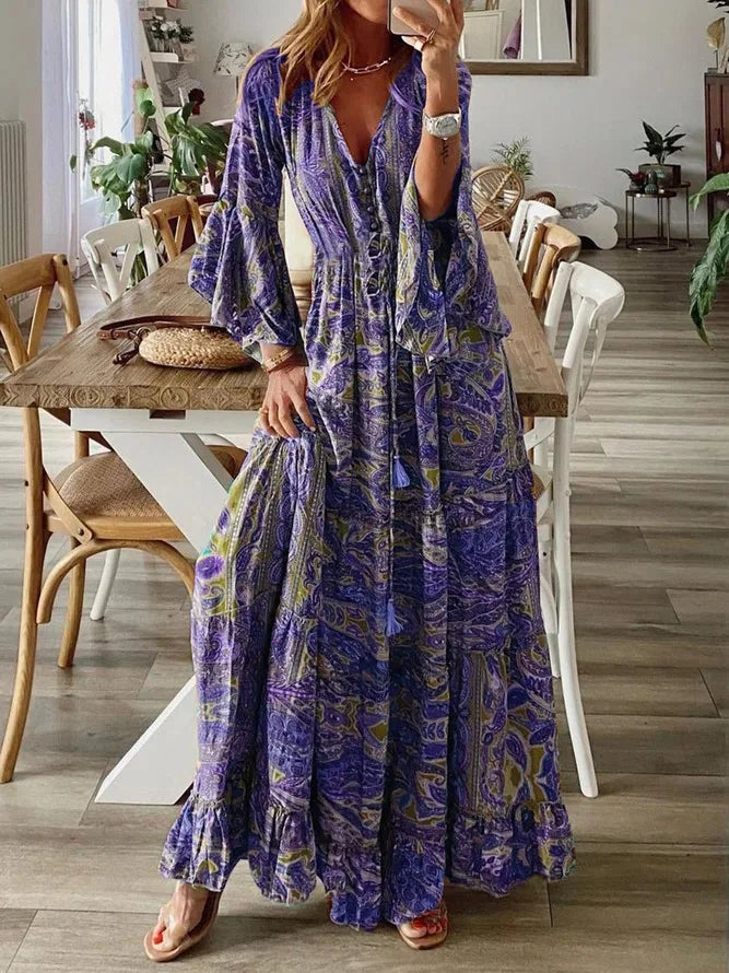 Bohemian Floral Dress – Retro Printed V-neck, High Waist, Bell Sleeve Design for Spring & Autumn purple