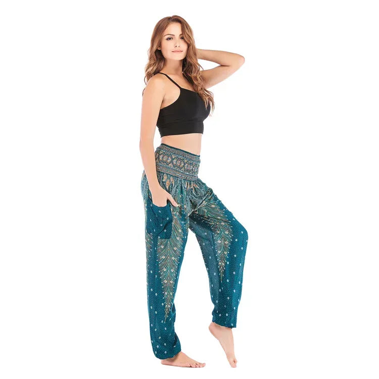 Women's Boho Yoga Pants - High Waist Floral Print Harem Leggings with Pockets for Comfort and Style