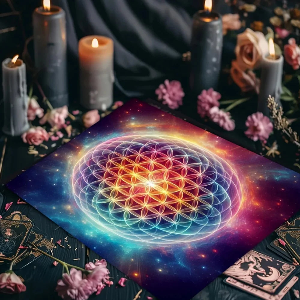 🃏 Colorful Flower of Life Tarot Tablecloth – Mandala Celestial Energy Altar Cloth for Astral Divination, Tarot Mat & Mystical Home Decor TLB (876)