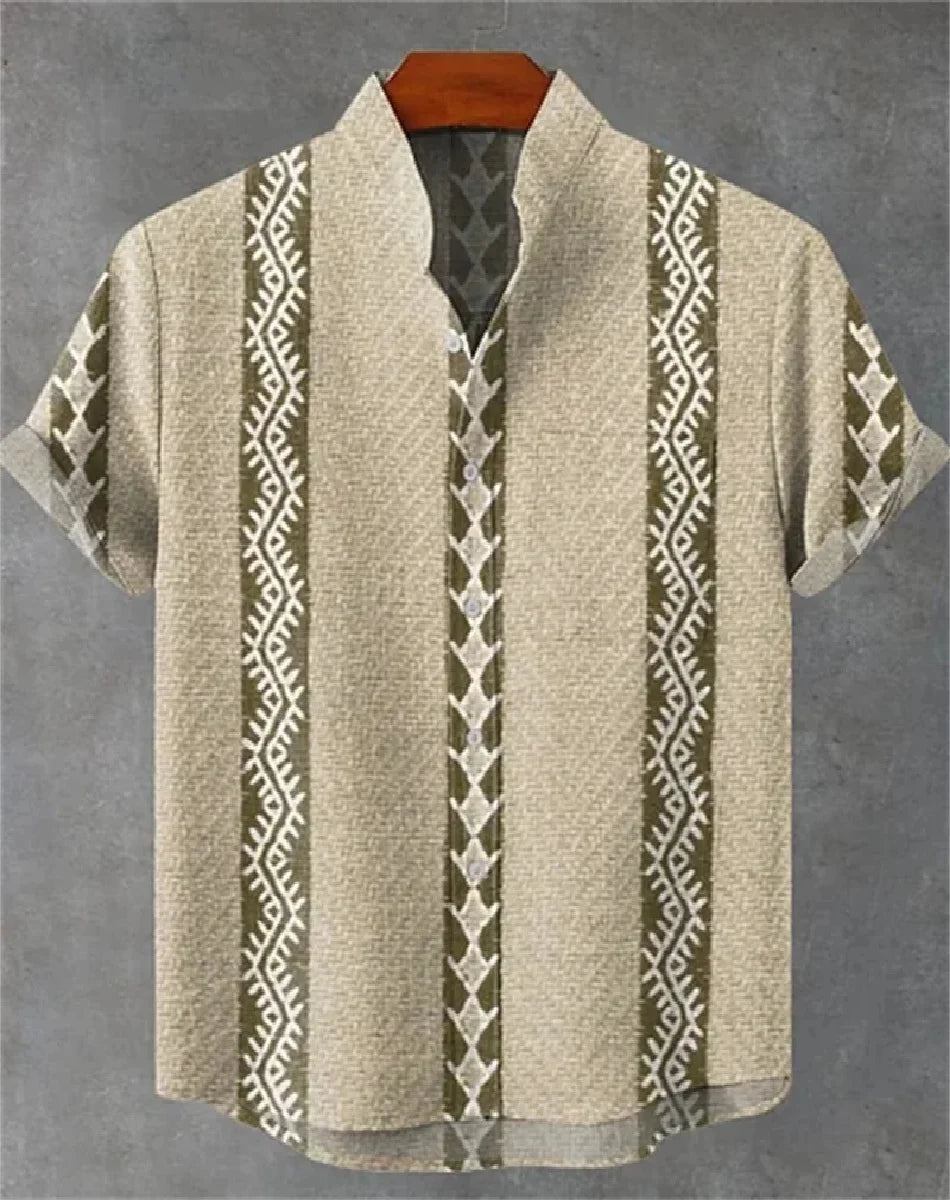 🌍 The Ethnic Heritage Edition: Premium Men’s Retro Linen Shirt – High-Definition Tribal Graphic Print, Breathable Organic Cotton-Linen Blend, and Sophisticated Modern-Fit Holiday Streetwear bkcs3