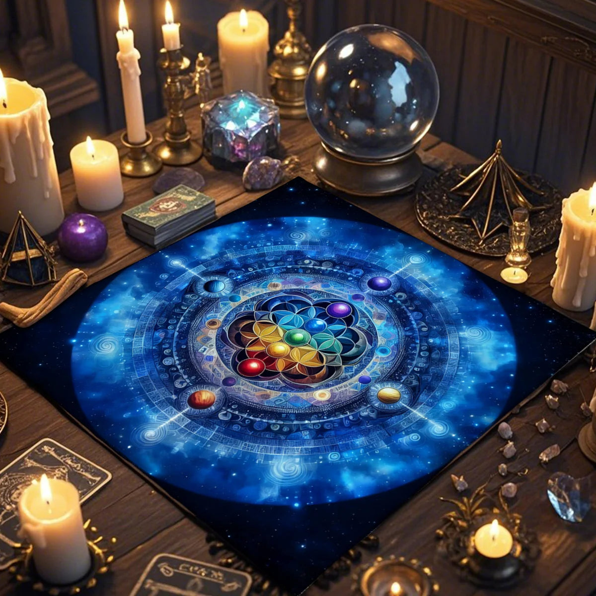 🃏 Elemental Chakra Tarot Tablecloth – Decorated Altar & Ritual Cloth for Tarot Enthusiasts and Astrological Chakra-Themed Decoration TLB (991)