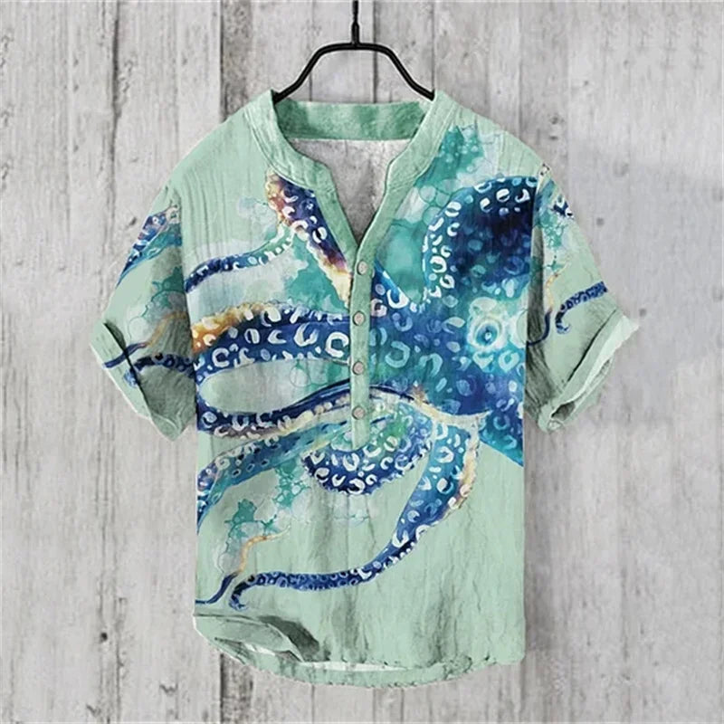 🌊 The Kanagawa Gallery Edition: Premium Men’s Summer V-Neck – High-Definition "The Great Wave off Kanagawa" Graphic Print, Breathable Linen-Blend Performance Fabric, and Sophisticated Modern-Fit Designer Tee HTY409