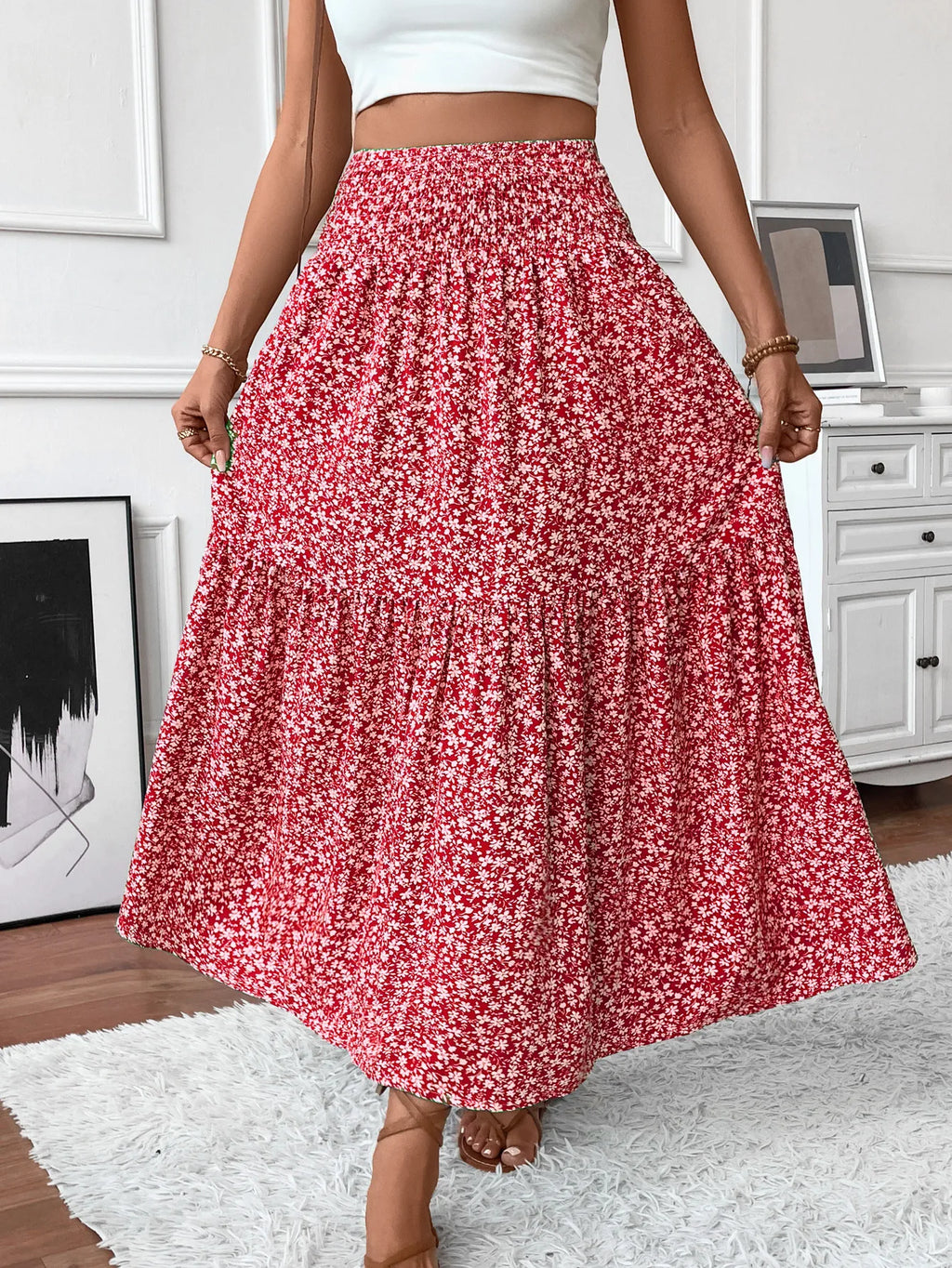 🌟 Women New Classic Printed Skirt Retro High Waist Long Skirt Casual Stylish Loose Beach Skirt Elegant Ladies Floral Pleated Skirt﻿