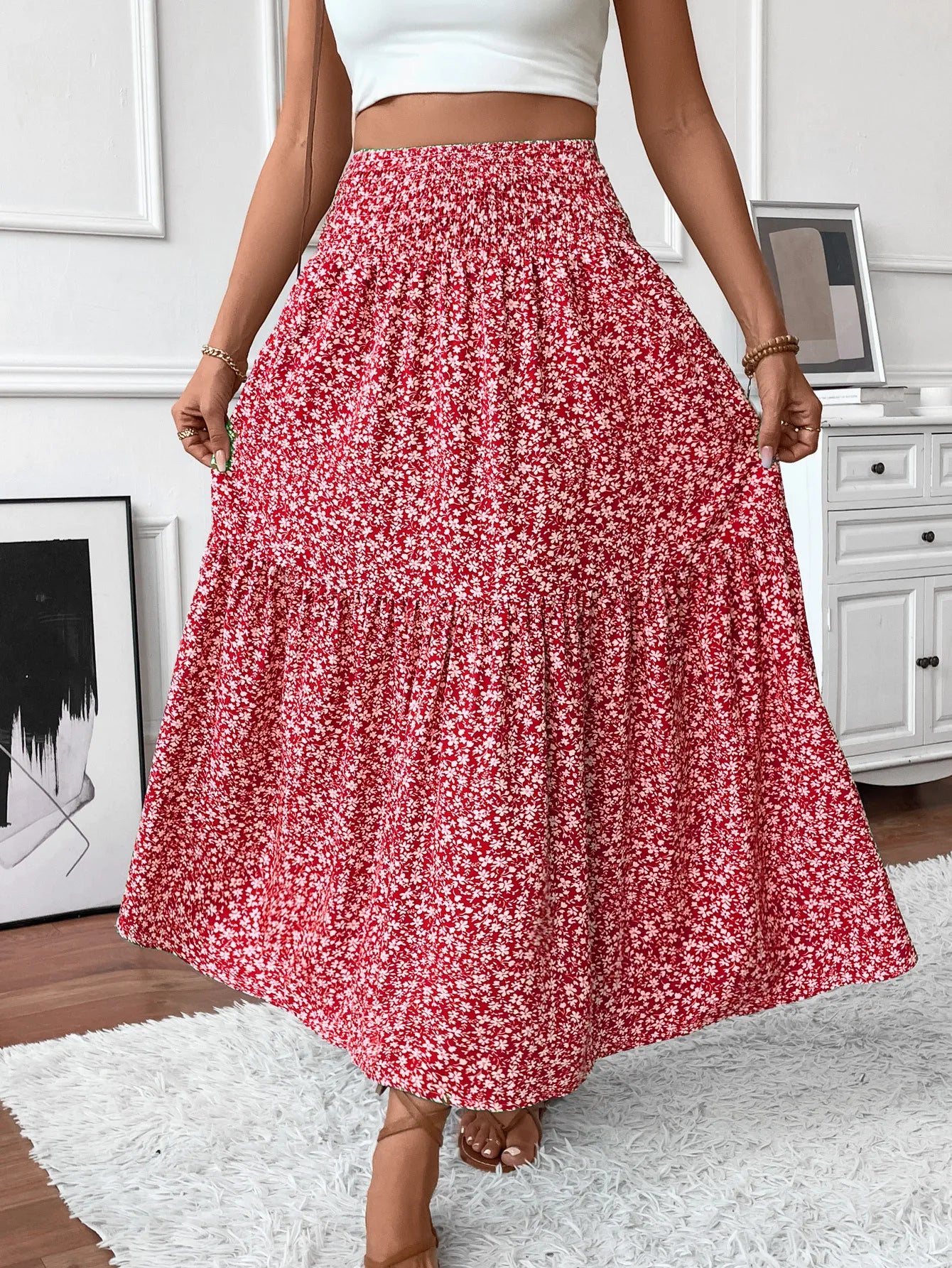 🌟 Women New Classic Printed Skirt Retro High Waist Long Skirt Casual Stylish Loose Beach Skirt Elegant Ladies Floral Pleated Skirt﻿