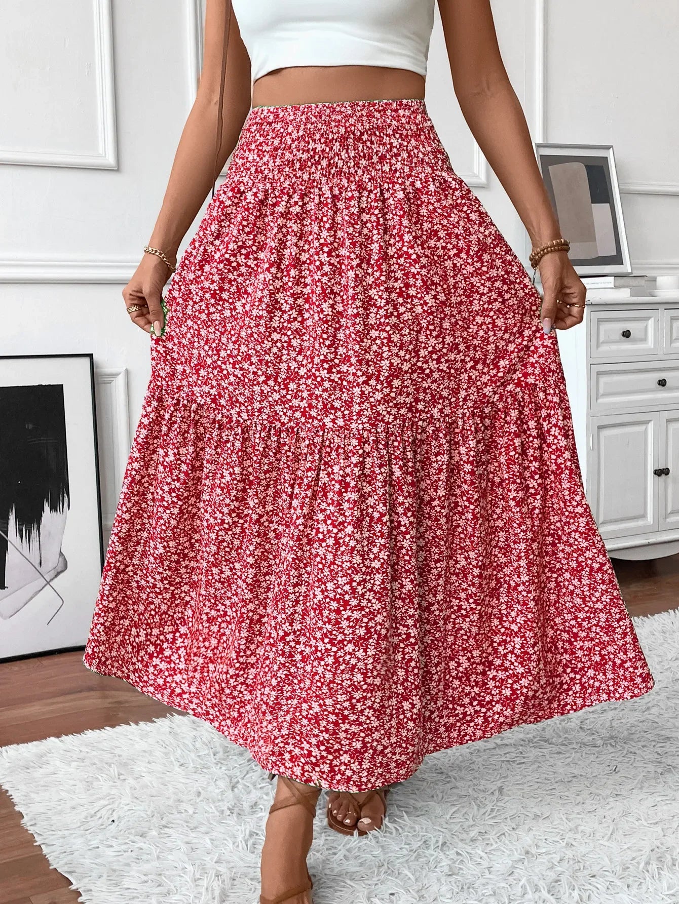 Women Floral Pleated Skirt – Retro High Waist Long Skirt for Stylish Casual Beach Wear