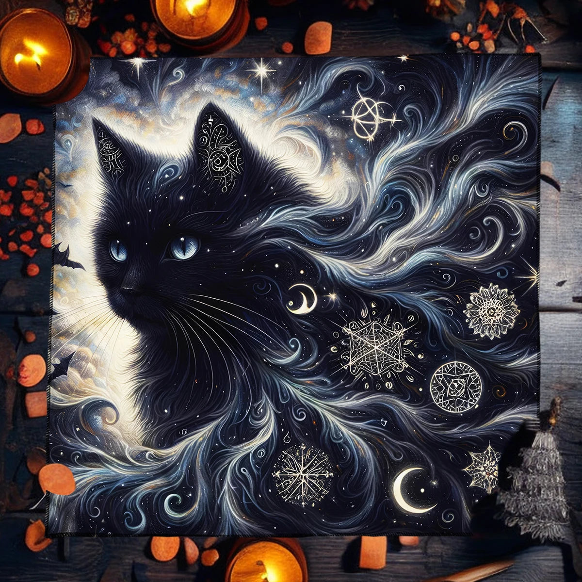 🌟Gold Witchcraft Cat Altar Cloth | Tarot Tablecloth for Spread & Reading | Starry Sky Divination Mat | Altar Decor Pad