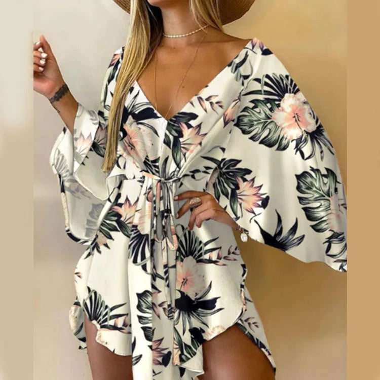 Women Print Dress Sexy V-Neck Bat Sleeve Ruffl Flowers Print Bohemian Beach Sundress Ladies Loose Summer Vacation Mini Dresses black