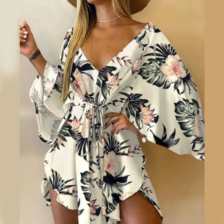 Women’s Bohemian Floral Mini Dress - Sexy V-Neck, Batwing Sleeves & Ruffle Detail black