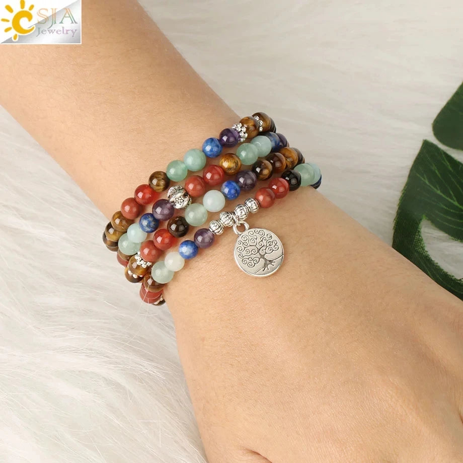 ✨ Tiger Eye 7 Chakras 108 Mala Bracelet – Natural Stone 6mm Beaded Tibetan Buddhist Yoga Jewelry
