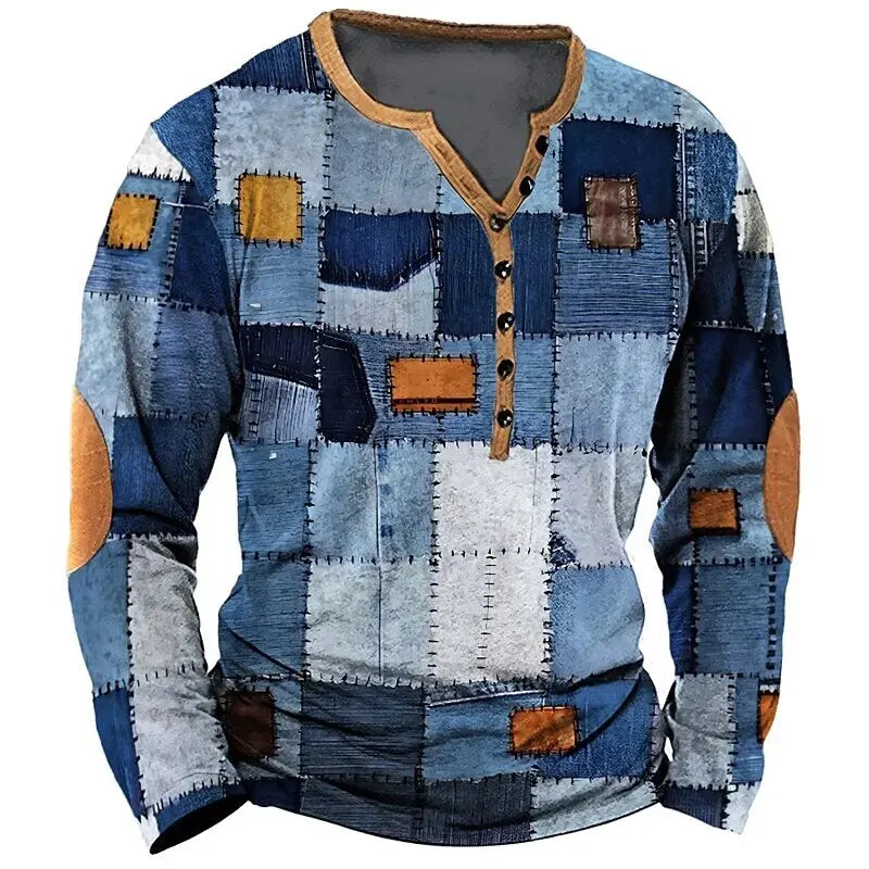 🛠️ The Denim-Patch Masterpiece: Premium Men’s 3D Printed Vintage T-Shirt – High-Definition Plaid & Denim Patchwork Graphic, Long-Sleeve Oversized Fit with Button Accents, and Sophisticated Urban-Grunge Streetwear Tee