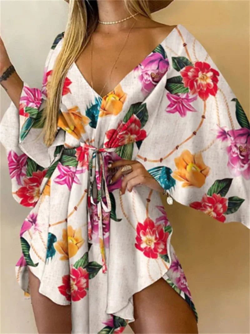 Women’s Bohemian Floral Mini Dress - Sexy V-Neck, Batwing Sleeves & Ruffle Detail