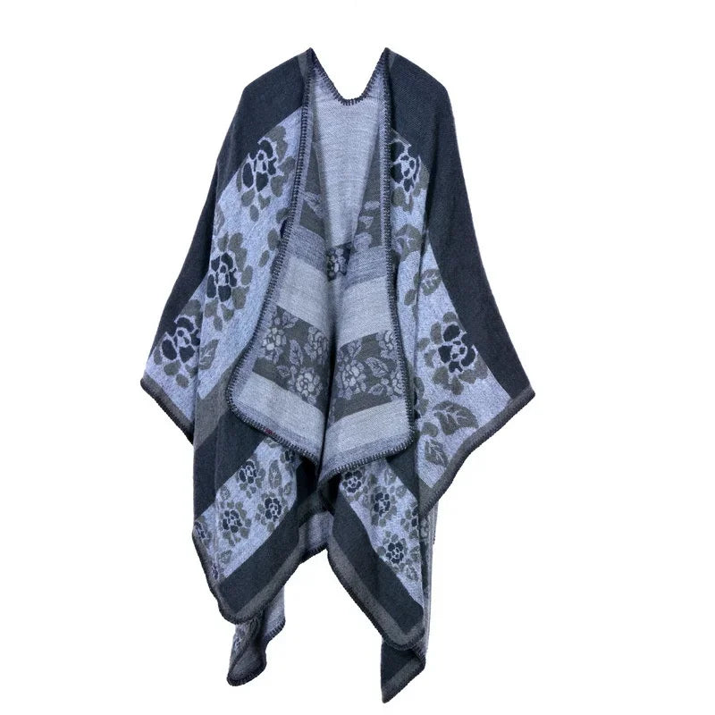 Winter Fashion Poncho Women Capes Scarf Imitation Cashmere Ladies Scarves Warm Shawls Wraps Woman Ponchos Bufanda Mujer Foulard One Size 2Flowers-gray