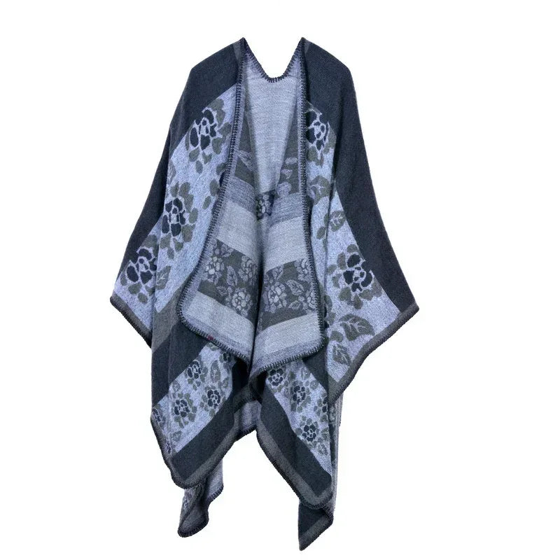 Women's Winter Poncho Wrap - Imitation Cashmere Shawl Cape & Scarf (130 x 150 cm) for Ultimate Warmth and Style One Size 2Flowers-gray