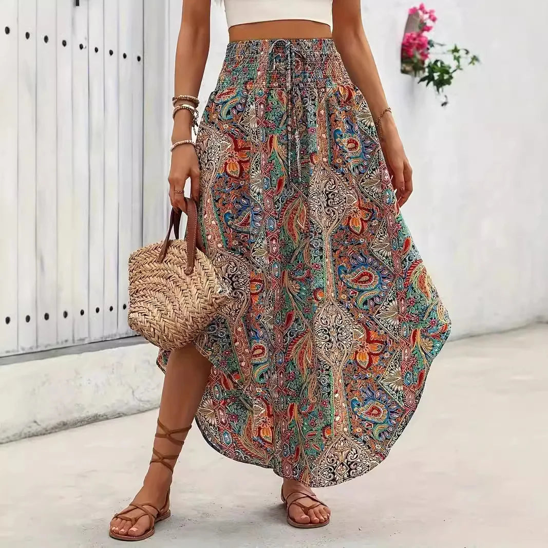 🌸 Bohemian Boho Vintage Floral Print Skirts – Women’s Summer High Waist A-Line Pleated Elastic Waist Long Skirts, Casual Holiday Beachwear