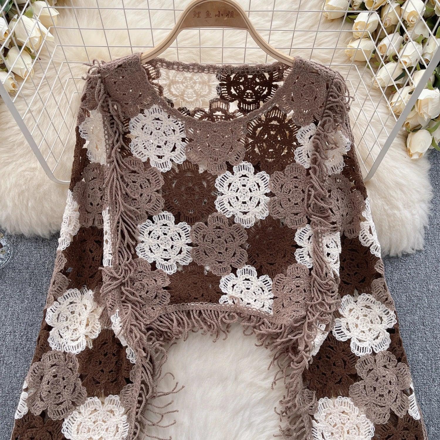 SINGREINY Bohemian Hollow Out Top - Tassels Knit Long Sleeve Blouse with Hook Flower Design for Vintage Y2K Chic Streetwear