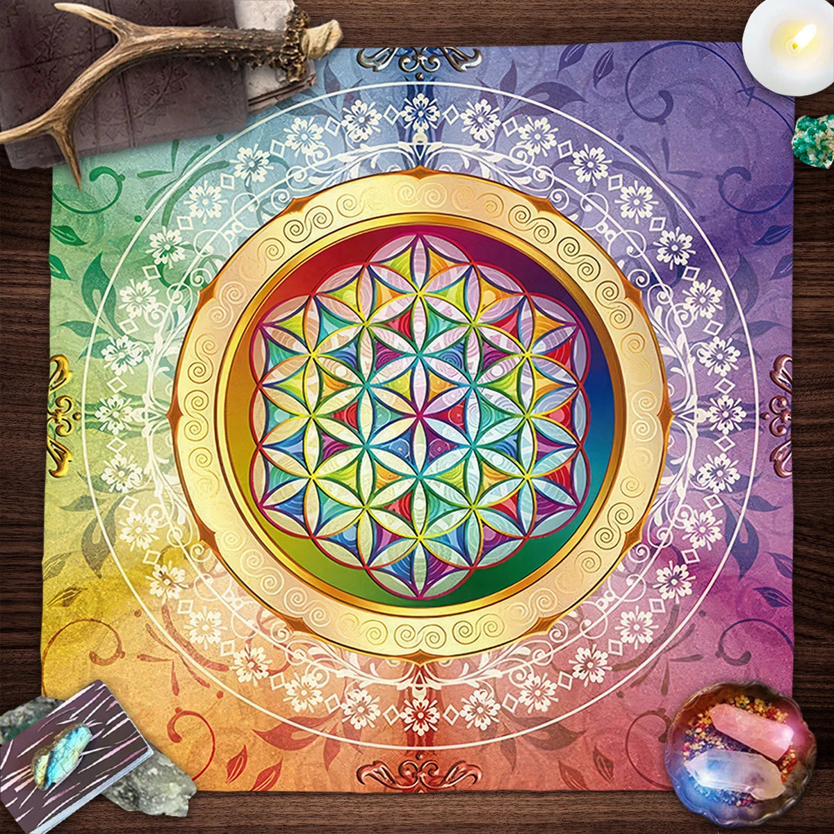 🃏 Colorful Flower of Life Tarot Tablecloth – Mandala Celestial Energy Altar Cloth for Astral Divination, Tarot Mat & Mystical Home Decor TLB (551)