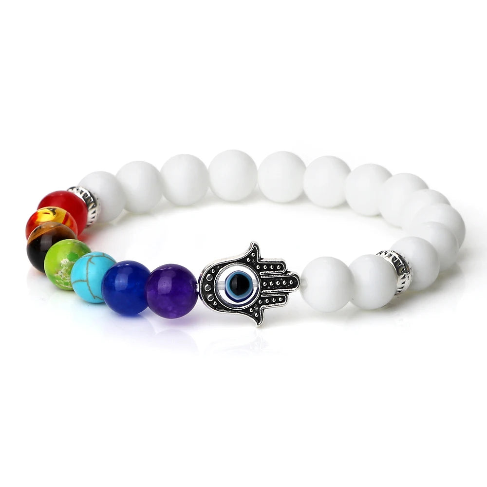 🧿 7 Chakra Protection Bracelet for Men: Natural Tiger Eye & Lava Stone with Evil Eye & Hamsa Hand – Anxiety Relief, Luck & Energy Healing Bangle White Porcelain