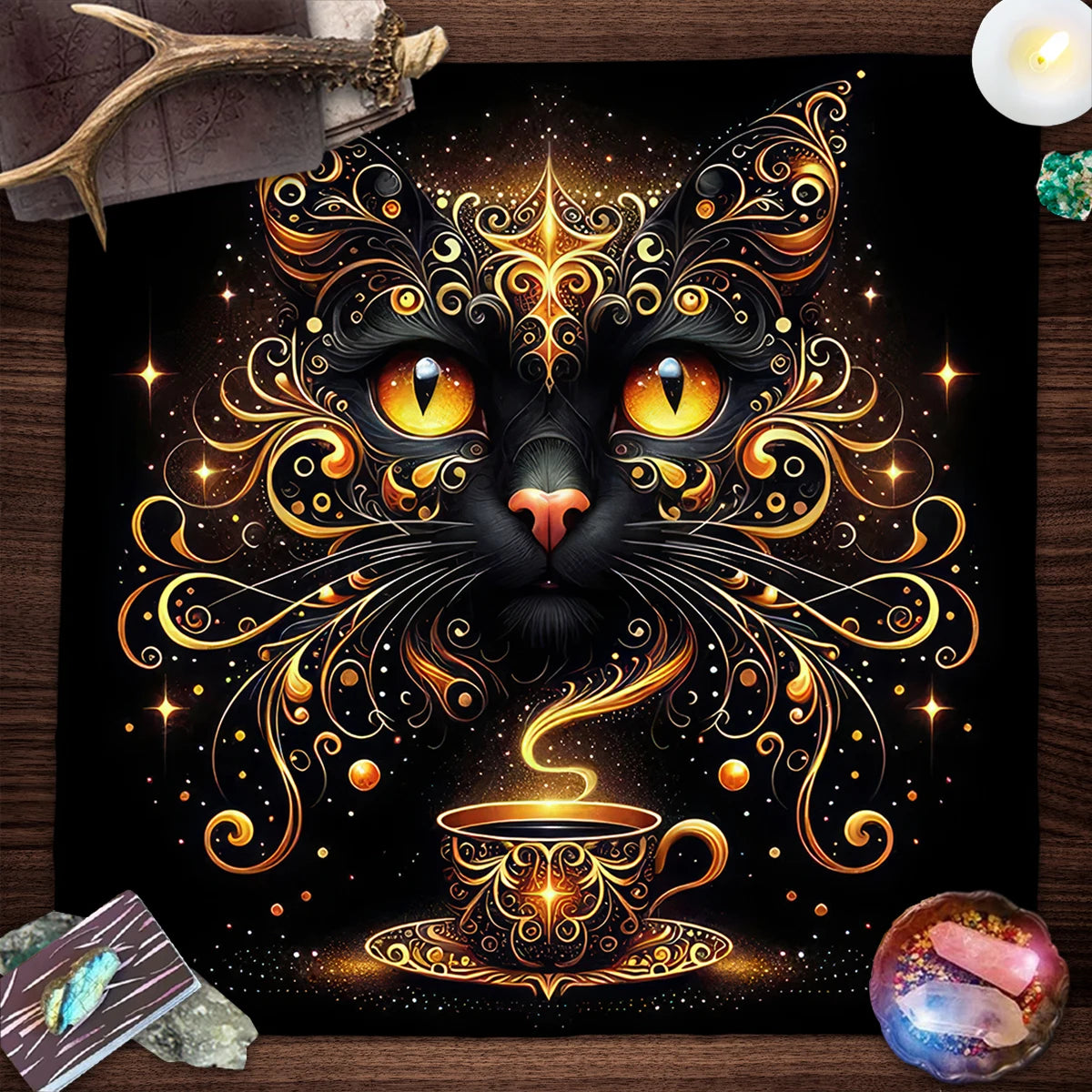 🌟Gold Witchcraft Cat Altar Cloth | Tarot Tablecloth for Spread & Reading | Starry Sky Divination Mat | Altar Decor Pad
