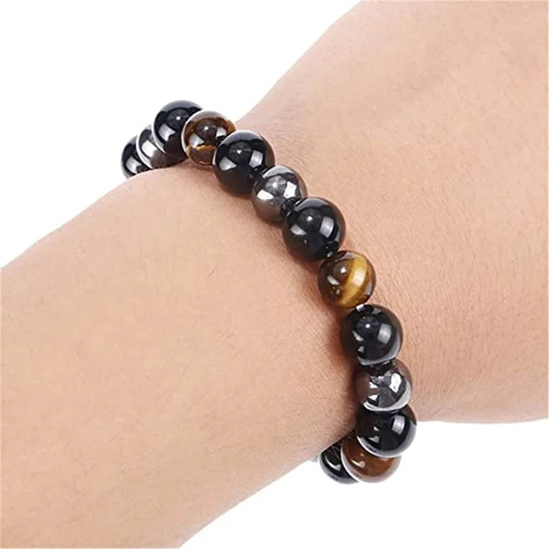 ✨ Magnetic Hematite, Tiger Eye & Obsidian Bracelet – Triple Protection Health Care Stainless Steel Bangle – Perfect Weight Loss Gift for Men & Women