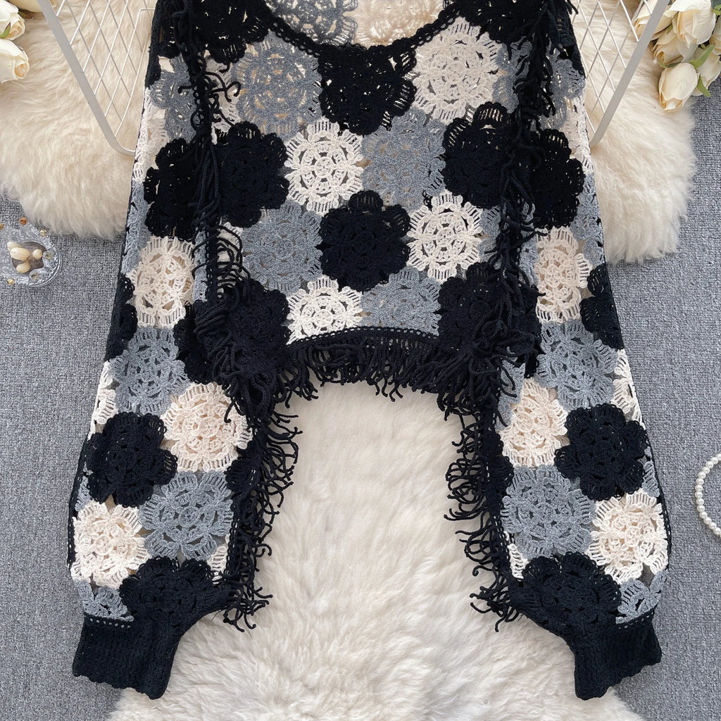 👚 SINGREINY Tassels Knit Hollow Out Top – Hook Flower Design, Long Sleeves, Women’s Streetwear, Chic Bohemian Y2K Vintage Loose Blouse