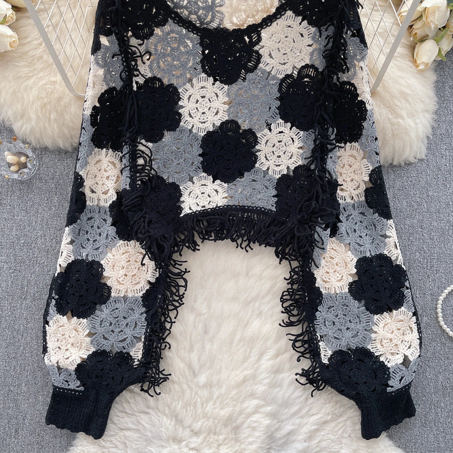 👚 SINGREINY Tassels Knit Hollow Out Top – Hook Flower Design, Long Sleeves, Women’s Streetwear, Chic Bohemian Y2K Vintage Loose Blouse