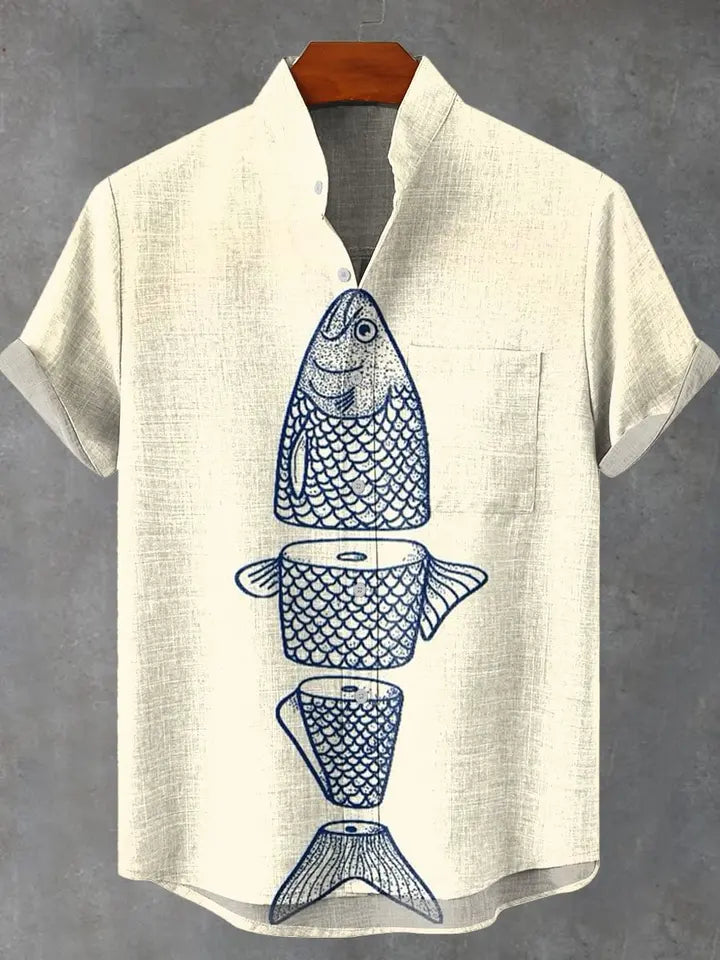 🌊The Vintage Angler’s Heritage: Premium Men’s Cotton-Linen Casual Shirt – Retro 3D Fish Pattern, Breathable Short-Sleeve Utility Top (Camisas De Hombre), and Sophisticated Coastal Silhouette