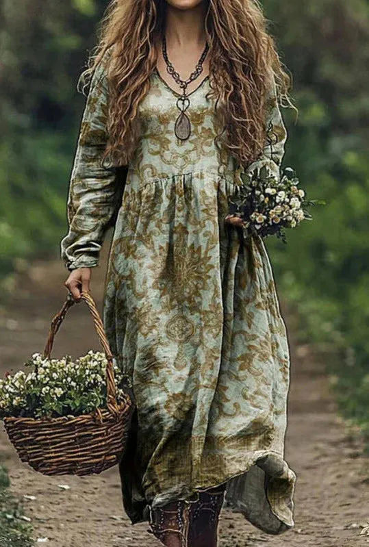 🛍️ Casual Women’s Vintage Printed Dress – V-Neck, Long Sleeves, Loose Large Swing Dress for Spring & Autumn