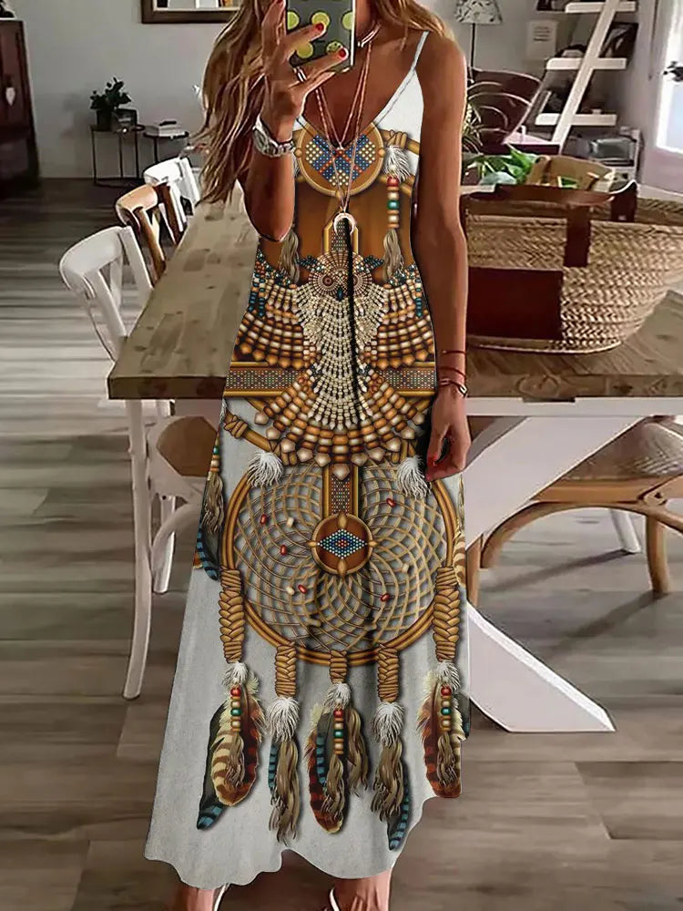2024 New 3D Owl Vintage Print Dress for Women – Sleeveless Long Tribal Pattern Spaghetti Strap Summer Vest Dress BDQLTH248745513