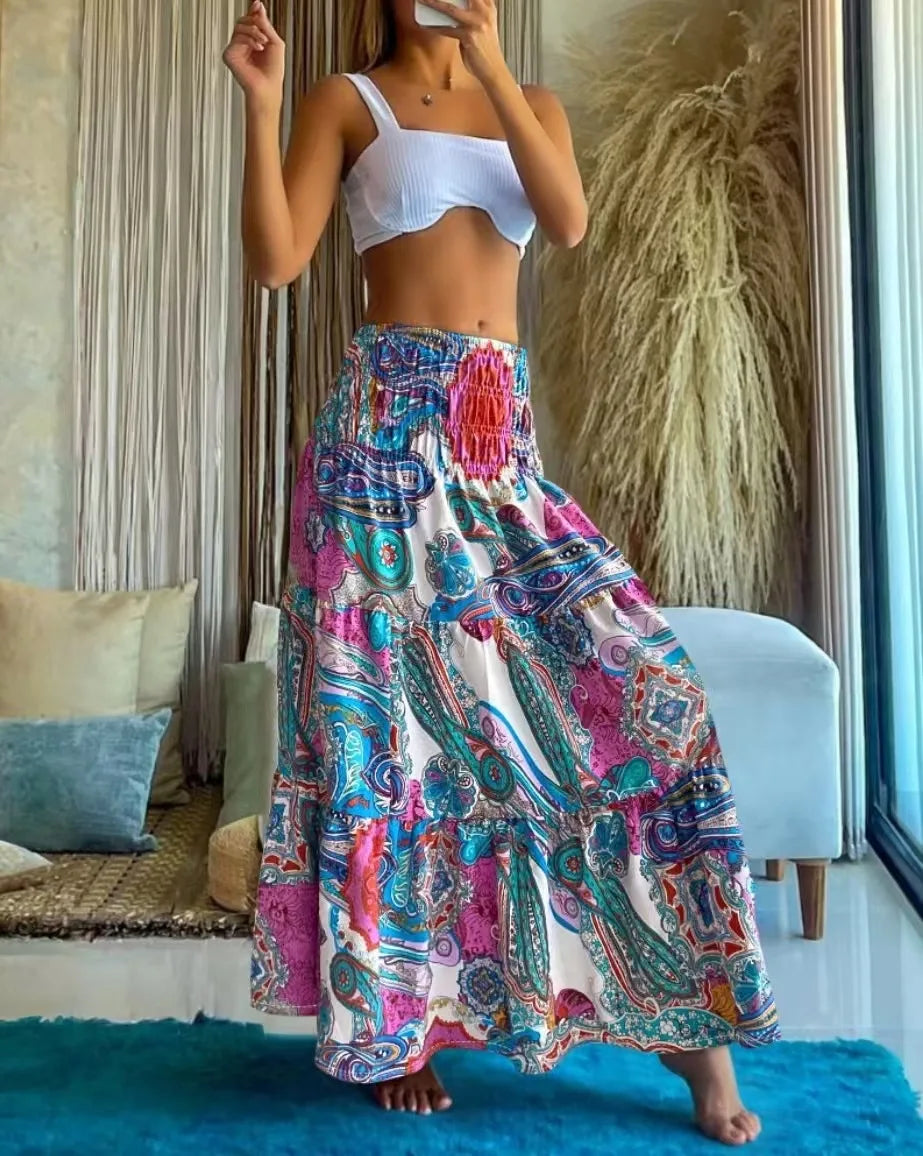 👗 Fashion Boho Printed Long Skirt – Casual Retro Vacation Style with Elastic Waist and A-line Big Hem for Women, Spring Summer New Blue
