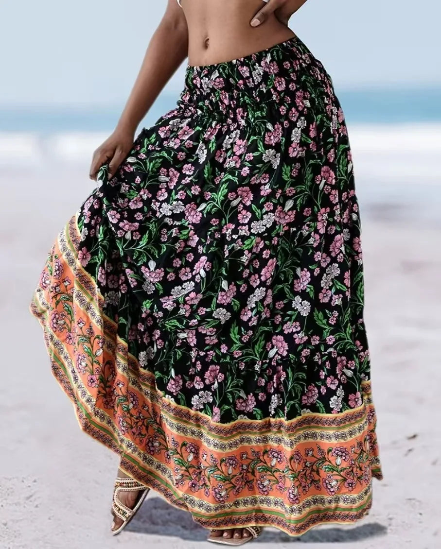 👗 Fashion Boho Printed Long Skirt – Casual Retro Vacation Style with Elastic Waist and A-line Big Hem for Women, Spring Summer New
