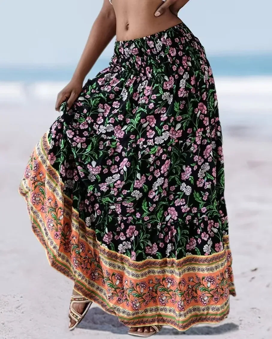 👗 Fashion Boho Printed Long Skirt – Casual Retro Vacation Style with Elastic Waist and A-line Big Hem for Women, Spring Summer New