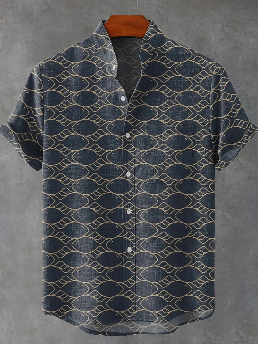 🐟 The Retro-Angler Mandarin Edition: Premium Men’s Stand-Up Collar Linen Shirt – High-Definition 3D Fish Pattern, Breathable Organic Cotton-Linen Blend, and Sophisticated Vintage Casual Silhouette ZD3510