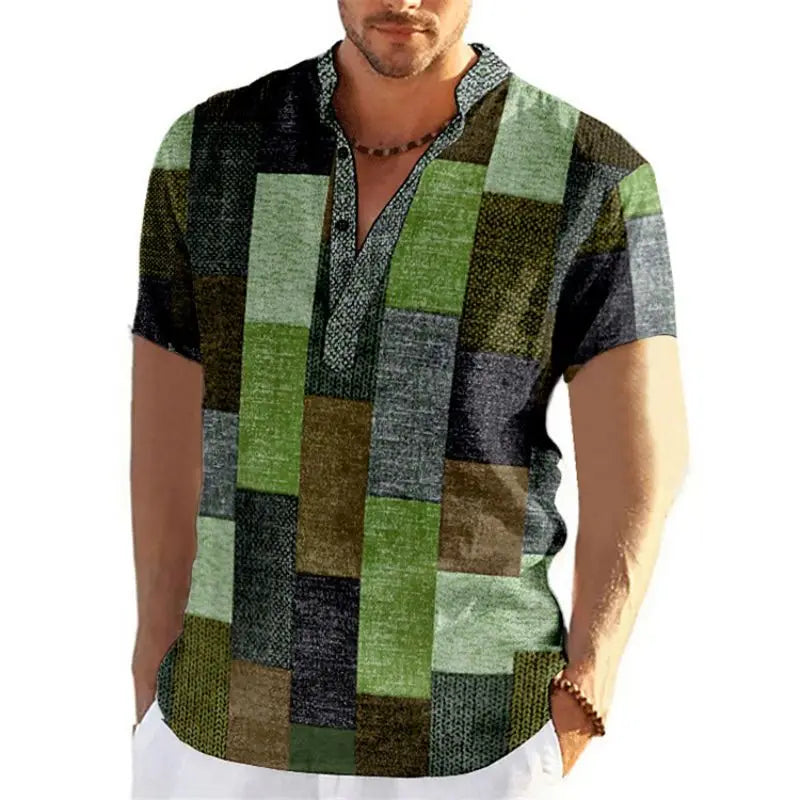🎨 The Neo-Vintage 3D Patchwork Henley: Premium Men's Color-Block Fashion Tee – High-Definition Digital Print, Breathable Short-Sleeve 3-Button Henley, and Sophisticated Slim-Relaxed Fit