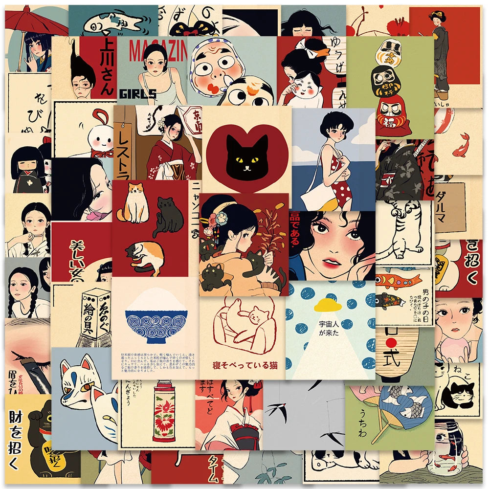 🎨 50pcs Vintage Classic Japanese Anime Scrapbook Stickers – DIY Diary, Laptop, Luggage, Skateboard Graffiti Decals | Free Shipping