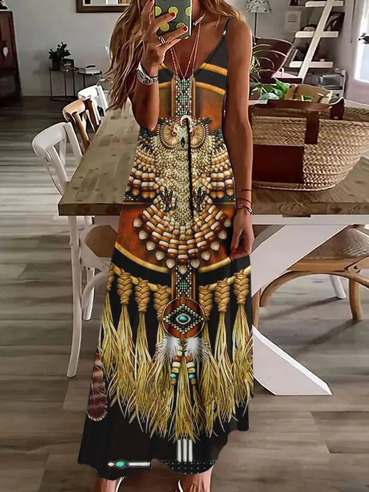 2024 New 3D Owl Vintage Print Dress for Women – Sleeveless Long Tribal Pattern Spaghetti Strap Summer Vest Dress BDQLTH248745512