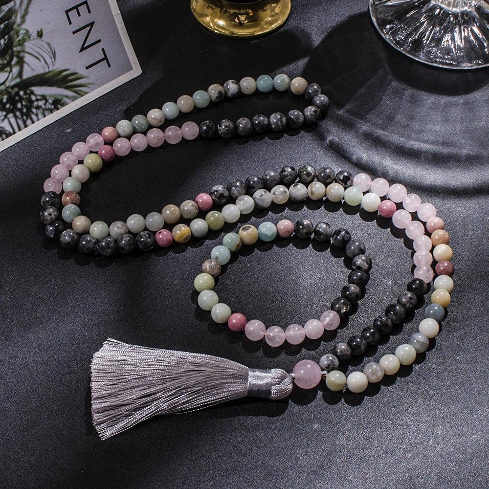 🔮 Premium Tri-Gemstone 108 Mala Beads: Amazonite, Rose Quartz & Labradorite – Heart Chakra Healing Necklace & Meditation Japamala Rosary Set