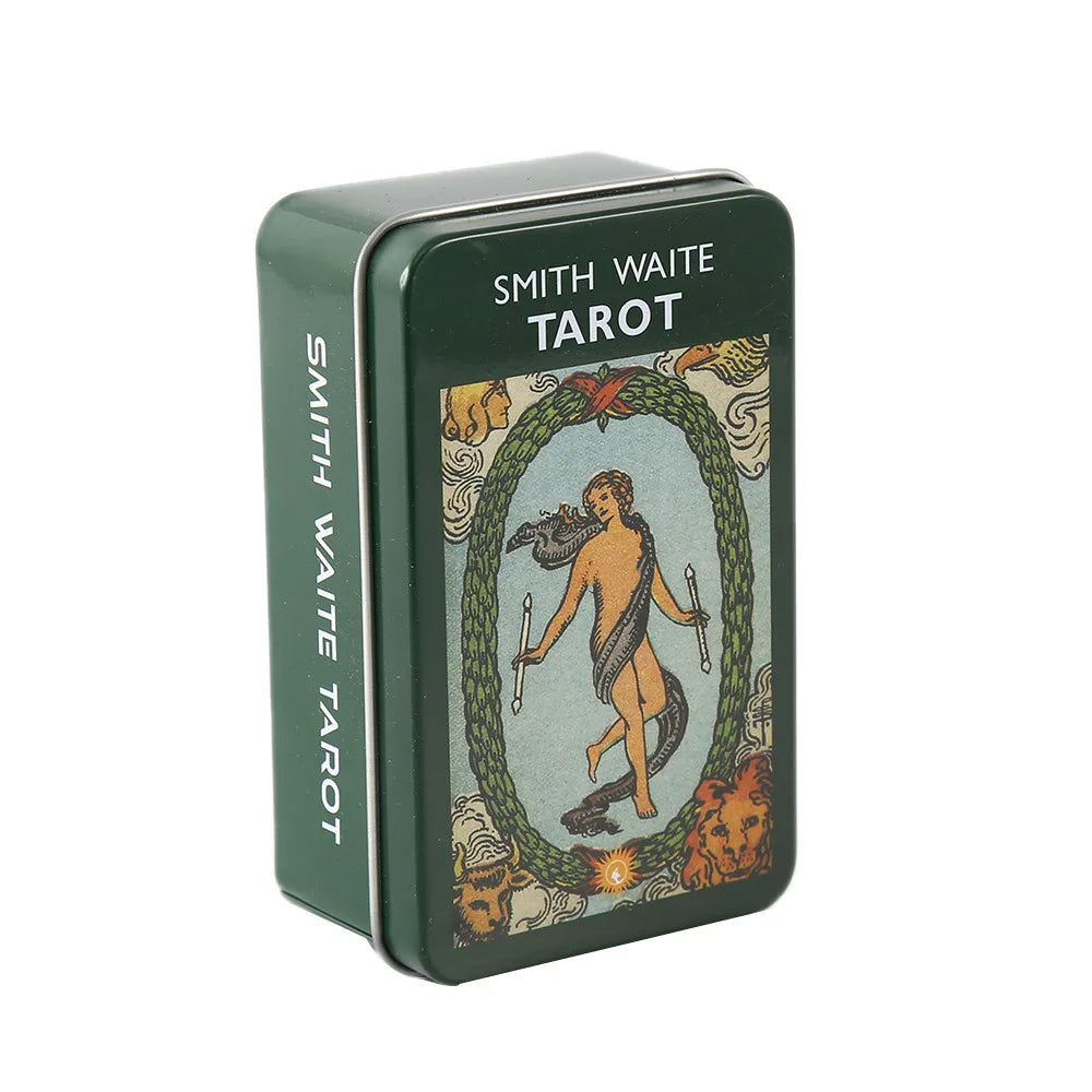 New Hot Tarot Cards – 78-Card Vintage Deck with Green-Plated Edges in Metal Tin Box (10×6 cm) & Paper Manual for Divination Board Games