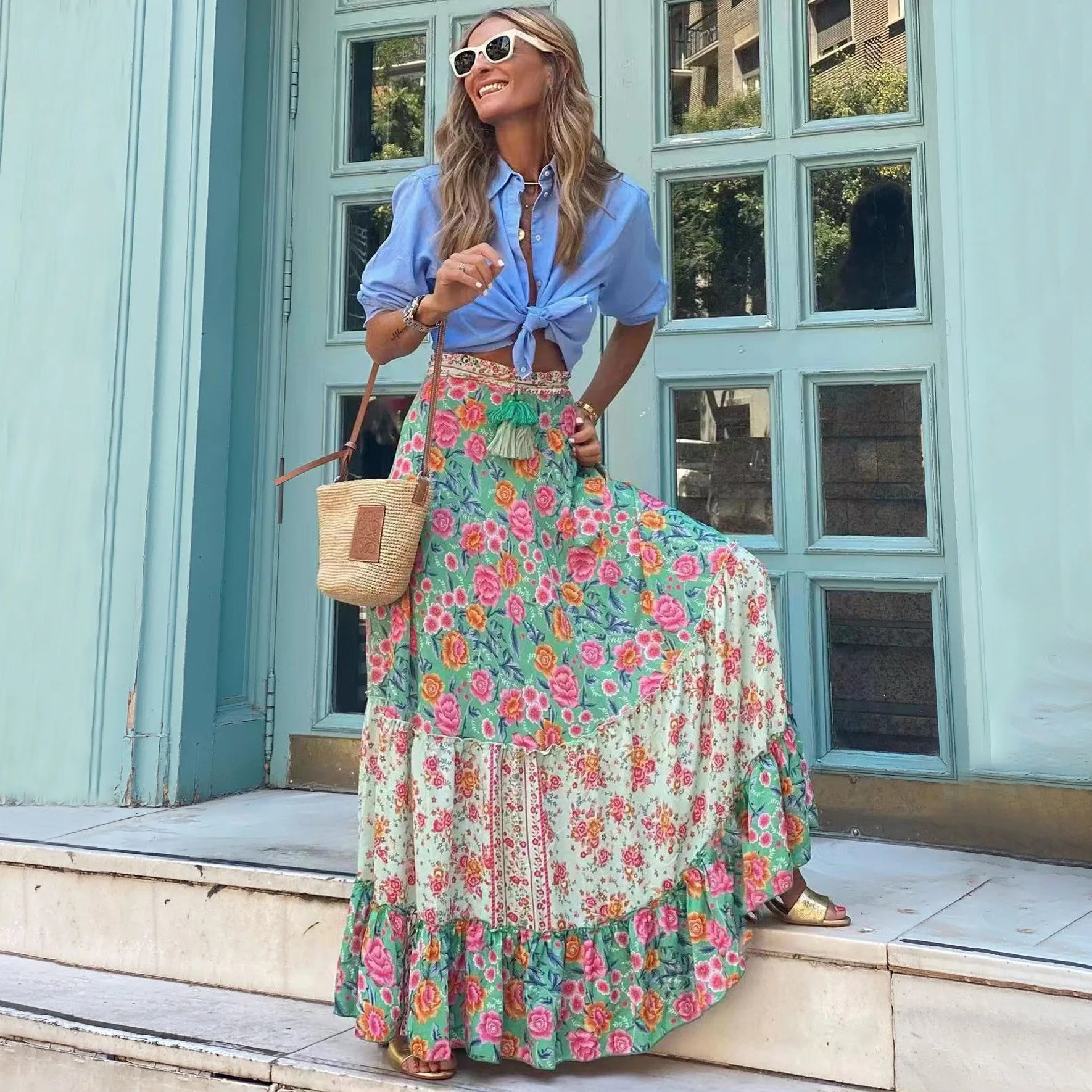 🌟 Elegant Women Green Print Elastic Waist Skirt Spring Summer Femme Patchwork Slim Skirt Streetwear Casual Ankle-Length Long Skirt﻿