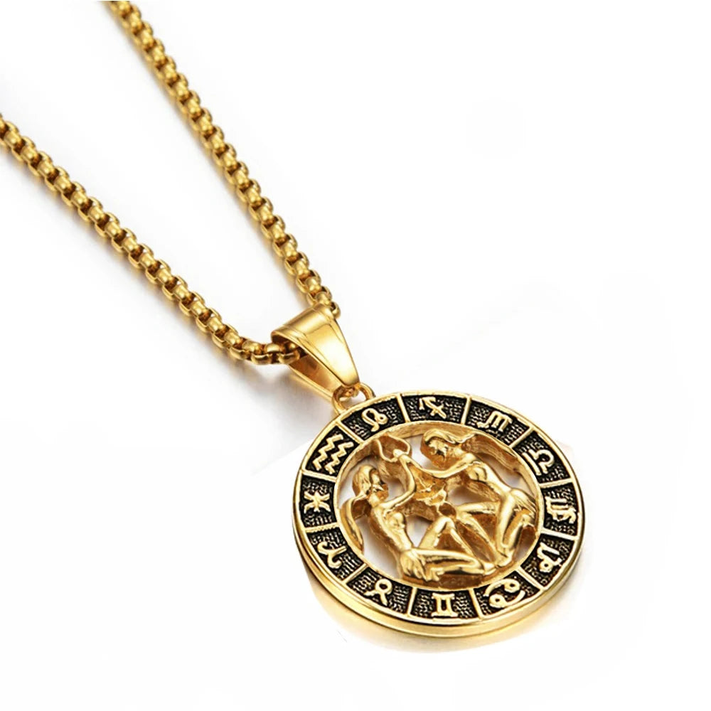 ♌♏ Zodiac Sign Leo Scorpio Pendant Necklace – Gold Color Stainless Steel Round 12 Constellation Design Unisex Astrology Jewelry Stylish Gift for Women and Men Gemini Gold Color